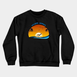 Welcome Summer with Britanny Spaniel Dog on Surf and Summer Landscape with Palm, Sunset Sky and Sea Crewneck Sweatshirt